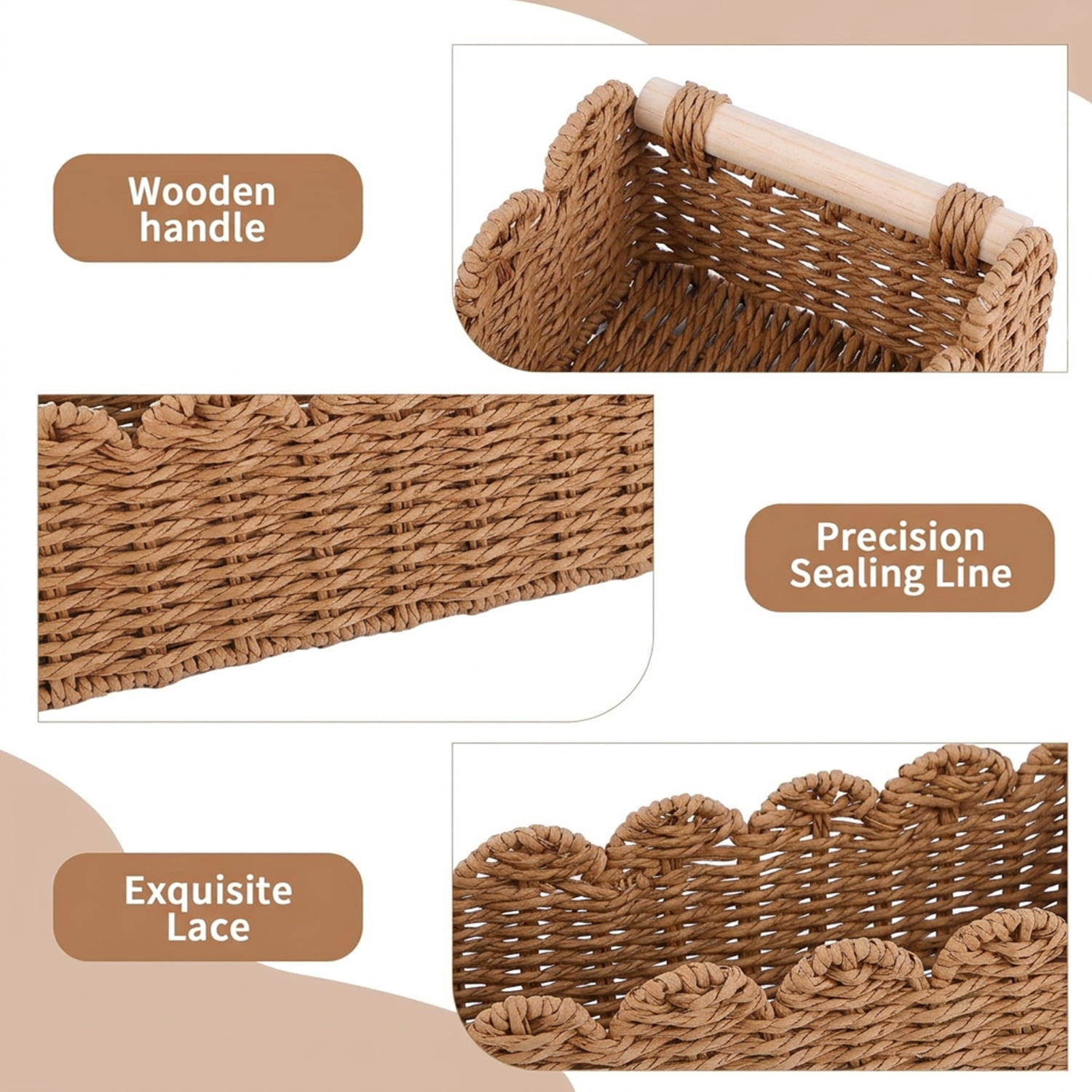 Yucurem Wicker Storage Basket with Wooden Handles, Wicker Toilet Basket for Tank Topper, Hand Woven Rattan Organizer Bin for Bathroom Home
