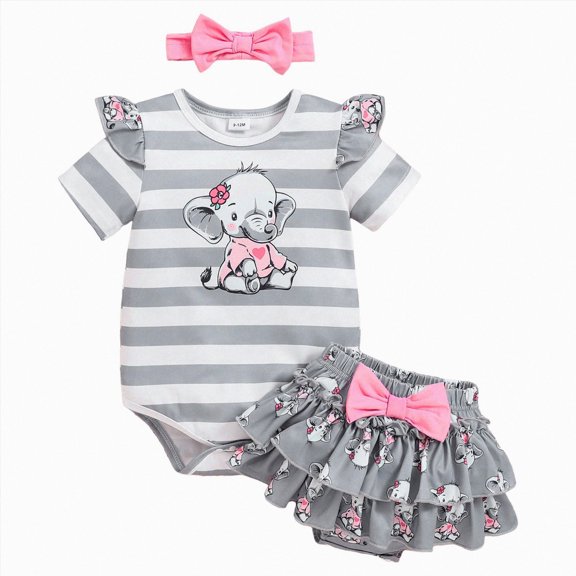 Paguaki Baby Girl Clothes Summer Elephant Print Top And Shorts 3-Piece Set With Headband Romper Style Outfit