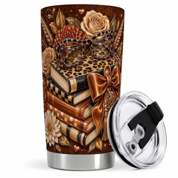 Leopard Book Lover Tumbler, 20oz Insulated Drinkware for Women Insulated stainless steel tumbler with lid, stacked books, leopard glasses, bow, and floral art for tea