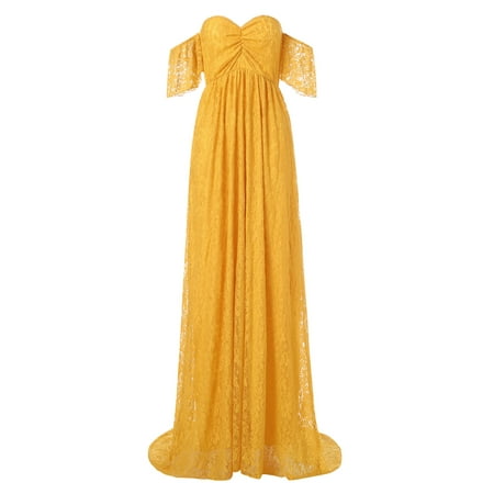 

CAITZR Off Shoulder Maternity Lace Dress Solid Color Elegant Short Sleeves Pregnancy Gown Photography Props