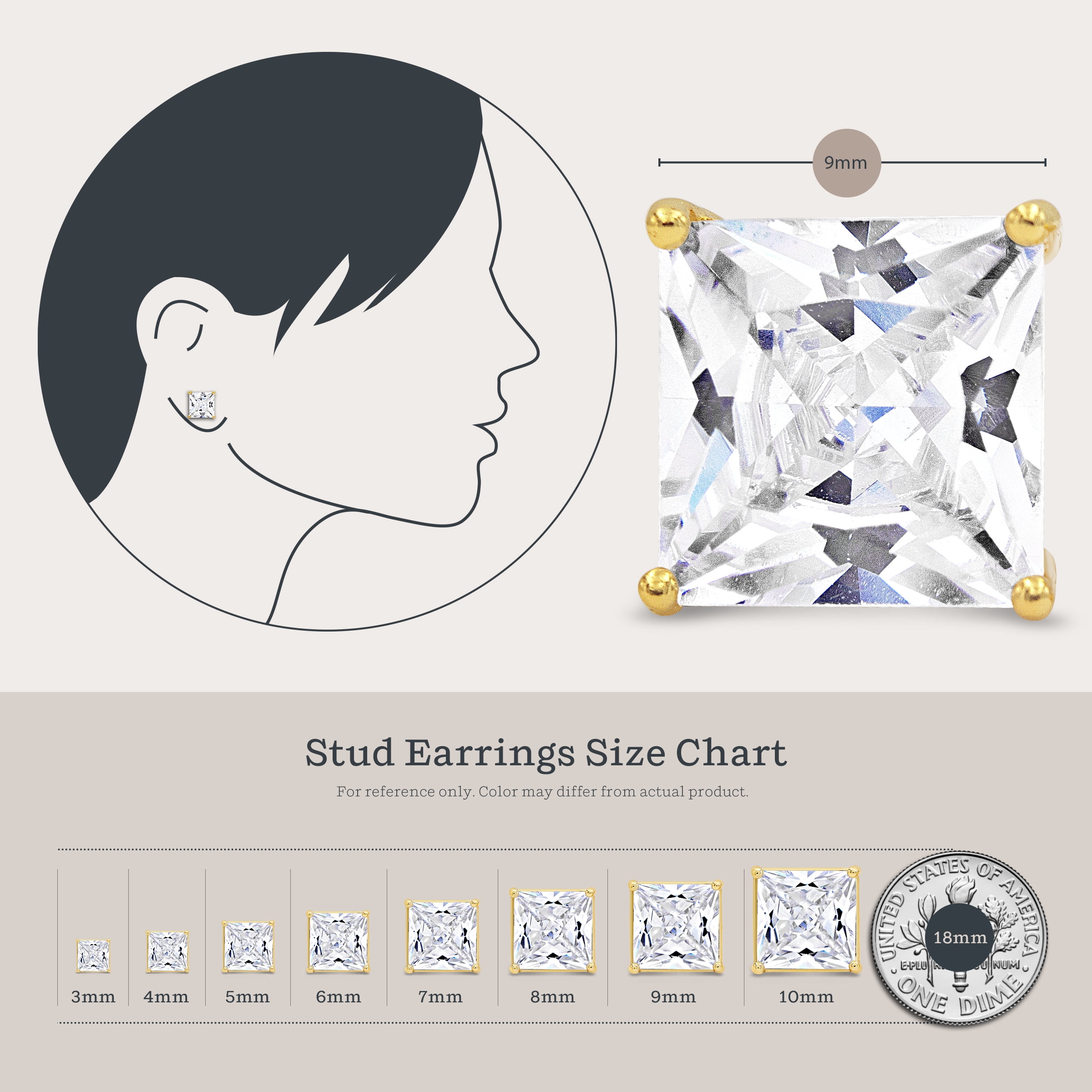 9mm Princess Cut Cubic Zirconia Basket Set Solitaire Stud Earrings Gold Plated Sterling Silver