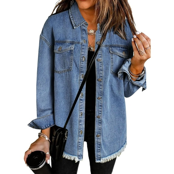 Weardear Women's Denim Jackets Long Sleeve Button Down Casual Frayed Hem Shacket Jean Jacket