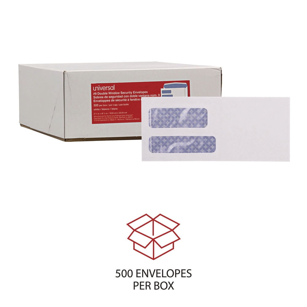 Universal UNV36301 3.88 in. x 8.88 in. #9 Commercial Flap Gummed Double Window Business Envelopes - White (500/Box)