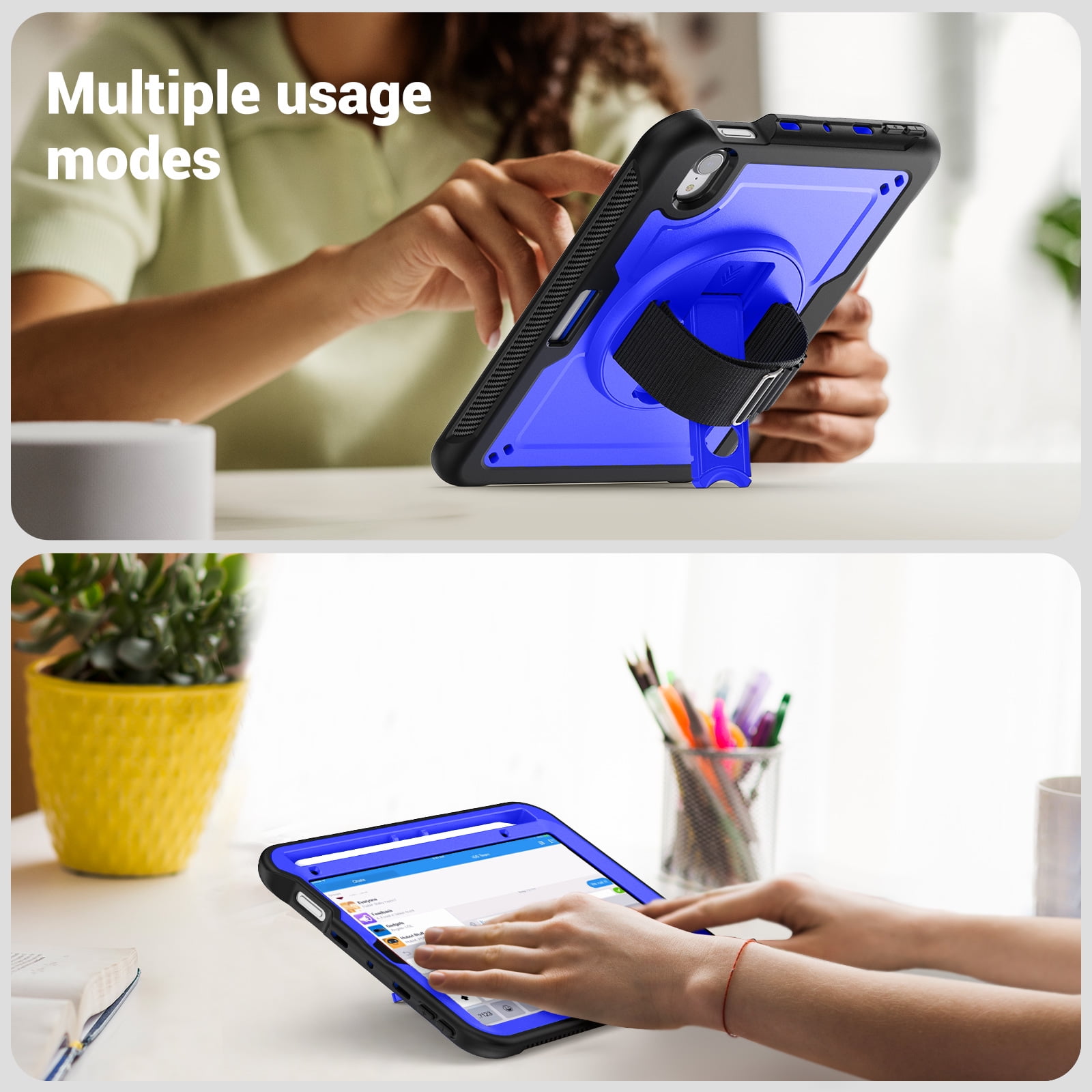 ELEHOLD Rugged Case For Apple iPad 11th(A16) 2025/10th Gen 2022,360 Rotating Stand Hand Strap Shoulder Strap Pencil Holder Full-Body Heavy Duty Shockproof Protective Case,Darkblue