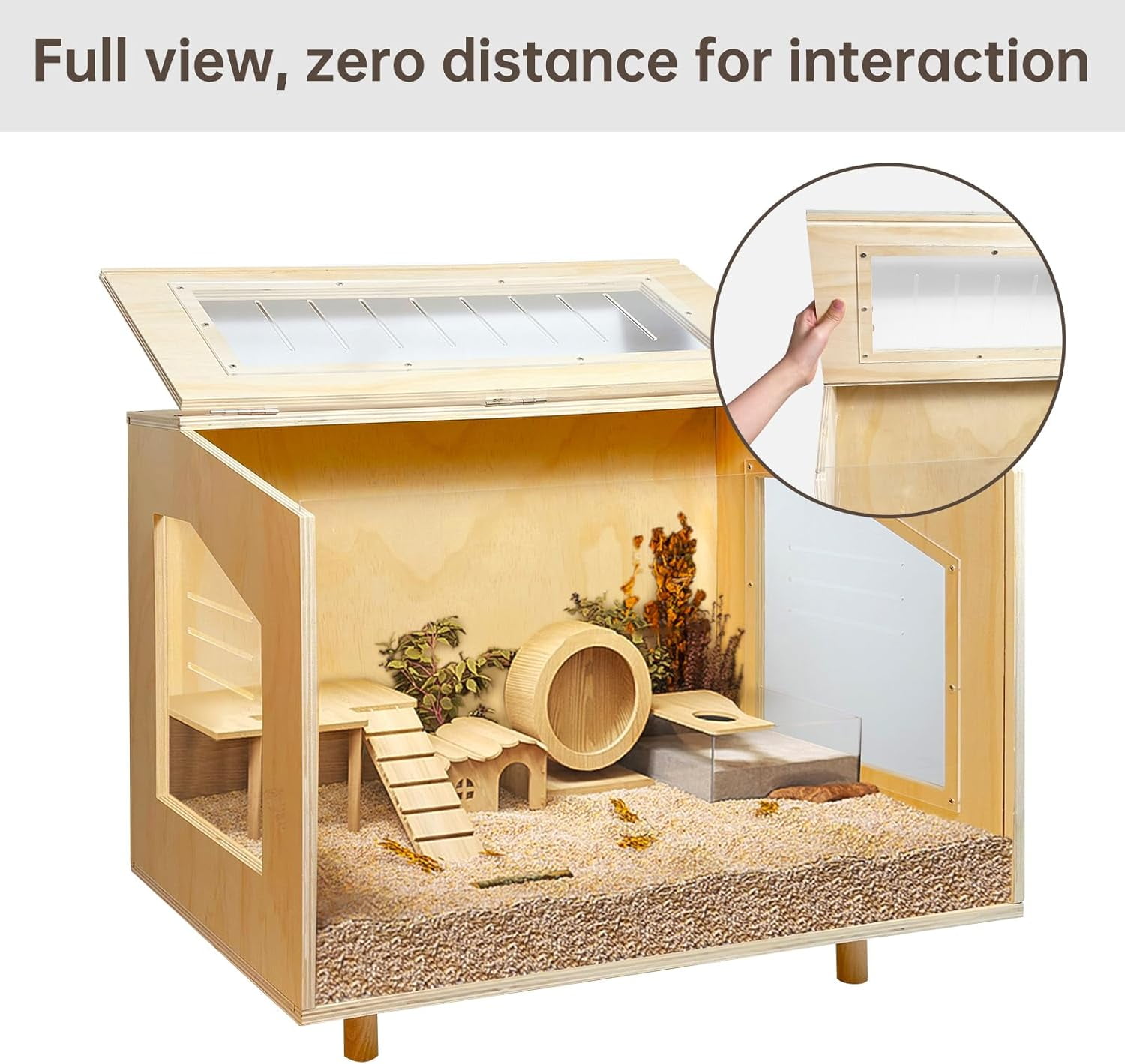 Wooden Hamster Cage - 24 inch Guinea Pig Cage Clear Small Animal cage with Open top Hamster Habitat Wooden Frame with Acrylic Panel