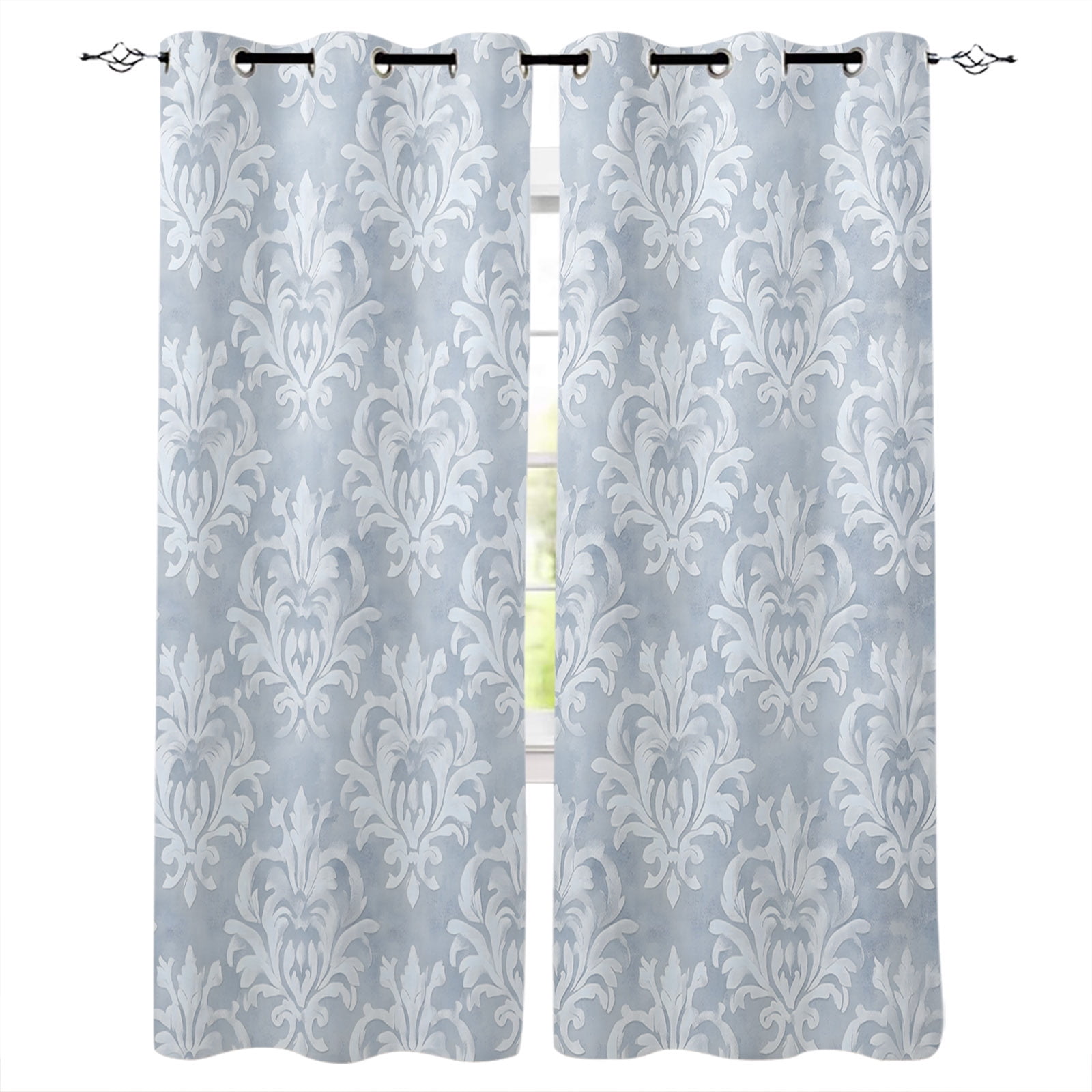 Blackout Curtains for Bedroom, Haze Blue Boho Thermal Insulated Black Out Curtains 63 Inches Long, Neutral Middle Century Turkish Pattern Grommet Living Room Darkening Curtain Drapes 52"x63" 2 Panels