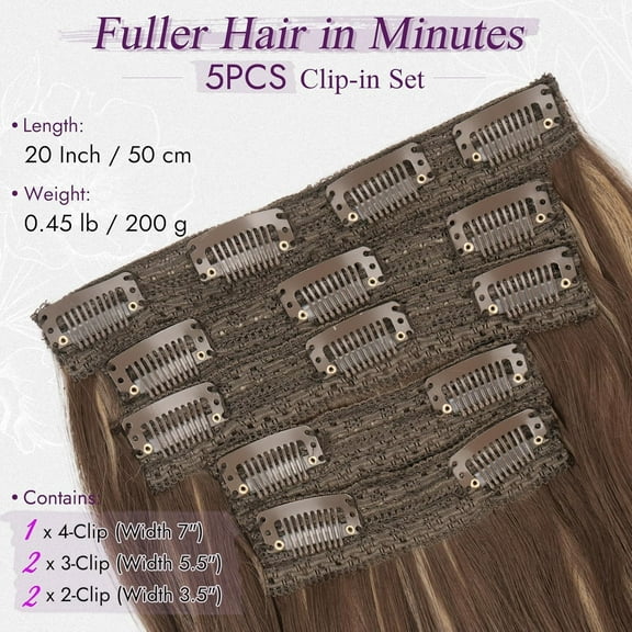 FGERFE-Highlight Clip in Hair Extensions - 20 Inch Loose Wavy Layered Clip in Hair Extensions for Women - 5 PCS Lace Weft Voluminous Easy Wear Synthetic Hairpieces - Brown with Honey Blonde