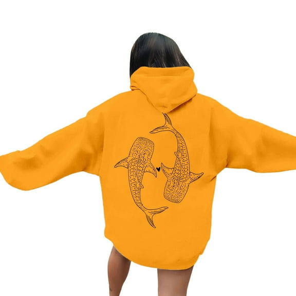 Fiaer Women Hoodies Long Sleeve Loose Fit Hooded Sweatsirts Drawstring Ocean Theme Graphic Pocket Tops Yellow XL