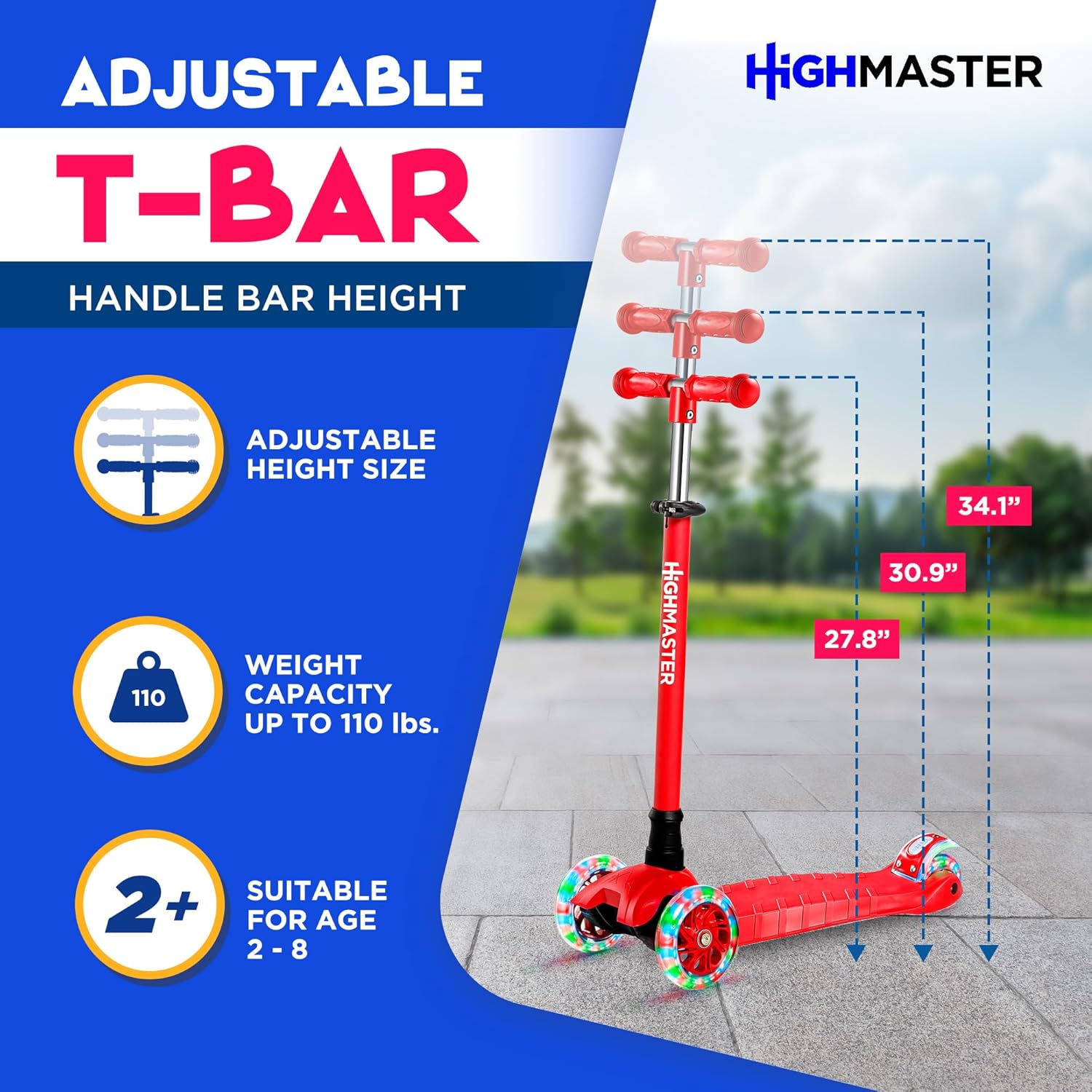 Highmaster 3-Wheel Toddler Scooter for 2 to 8 Year Old boy - 3 Wheeled Kids Scooter with Light Up Wheels, Safe and Fun Ride for Kids - Red