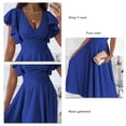 thumbnail image 4 of Vestido corto de manga con volantes para mujer, elegante, de Color puro, con cuello en V, cintura fruncida, vestido a media pierna para el trabajo, 4 of 5