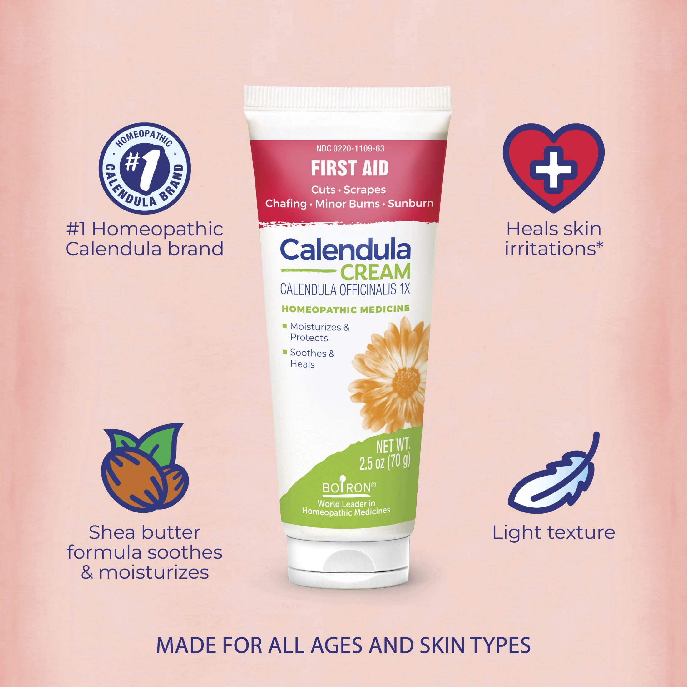 Boiron Calendula Cream, Homeopathic Medicine for First Aid, Cuts, Scrapes, Chafing, Minor Burns, Sunburn, 2.5 oz