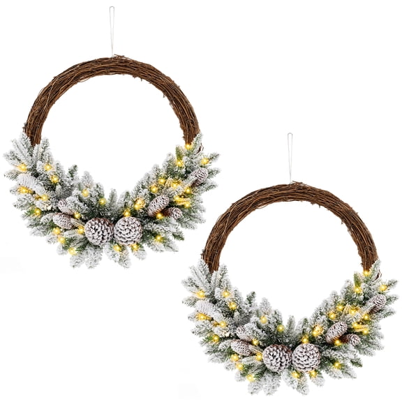 Topbuy 2 Pack Pre-lit Artificial Christmas Wreath Snow Flocked Xmas Hoop Wreath with 35 LED Lights 65 Branch Tips 8 Natural Pine Cones