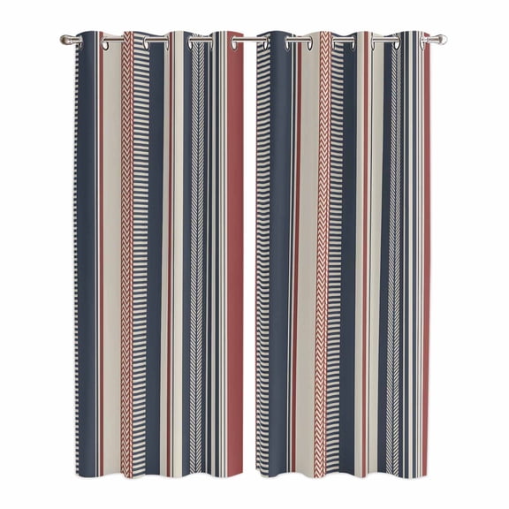 Kitchen Curtains 84 Inch Length 2 Panels, Red Blue Beige Grommets Window Treatment Curtain, Boho Retro Colorful Abstract Striped Thermal Curtains Drapes for Living Room/Bathroom