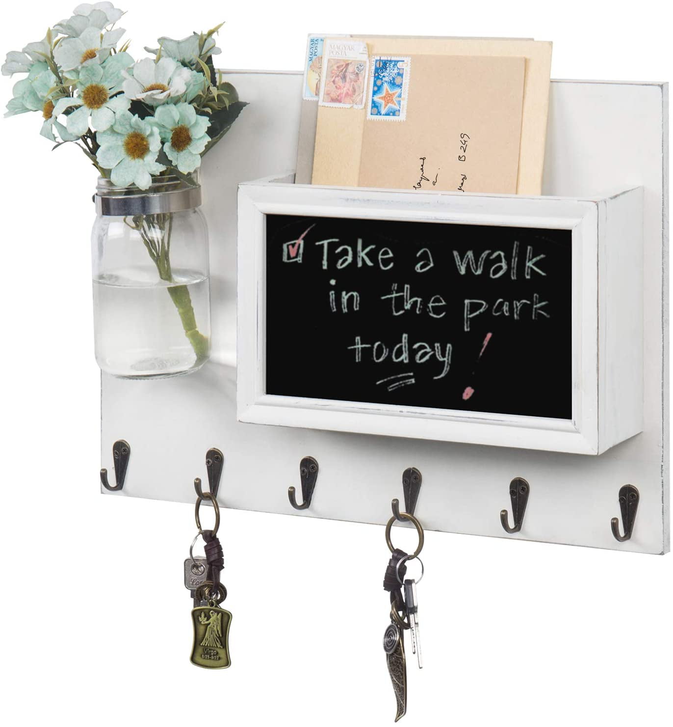 MyGift 2-Comparment Vintage Gray Wood Wall Mounted Mail Sorter with Chalkboard and 8 Key Hooks