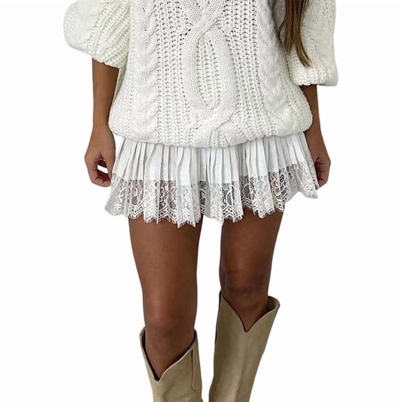 Women Y2k Lace Mini Skirts Summer Skirt Pleated Ruffle Floral Lace Tiered Short Skirts Underskirt White L