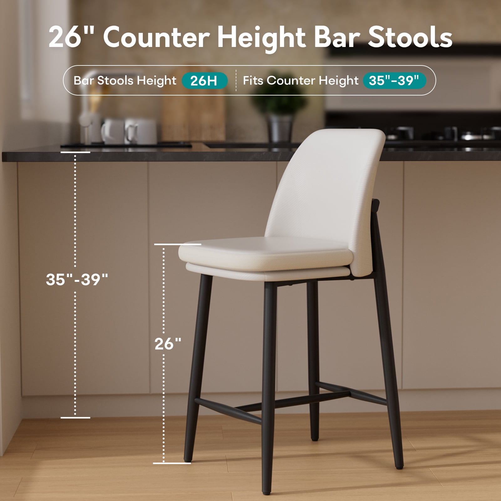 Genpo Bar Stools Set of 4, Upholstered Counter Height Bar Stools, Counter Stools 26 Inch Barstools with Back, Metal Legs and Textured Leather&Fabric for Kitchen Island Dining Room, White
