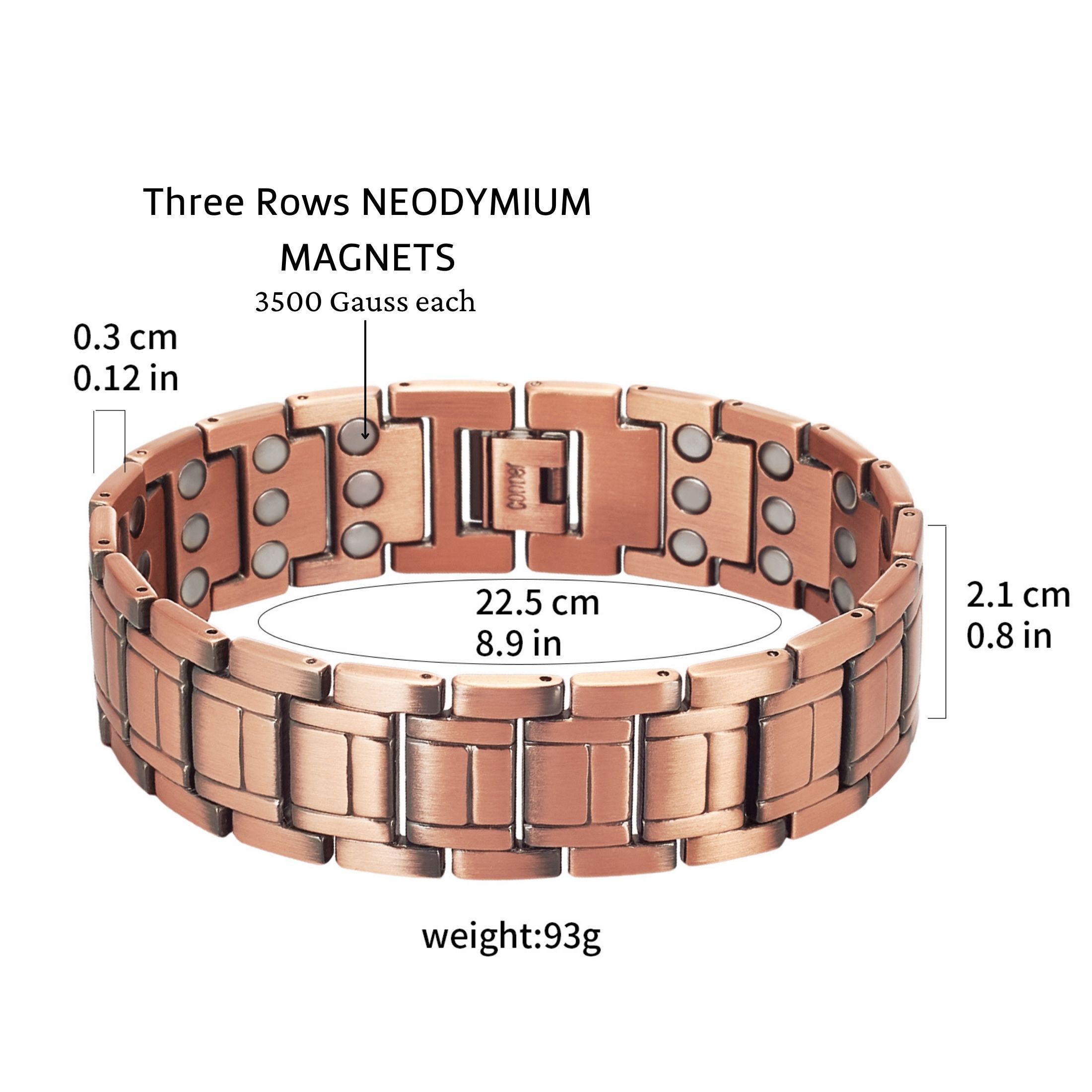 Wollet 3X Strength Magnetic Copper Bracelet for Men, Gifts for Husband, Length 8.9 in, Width 0.8 in