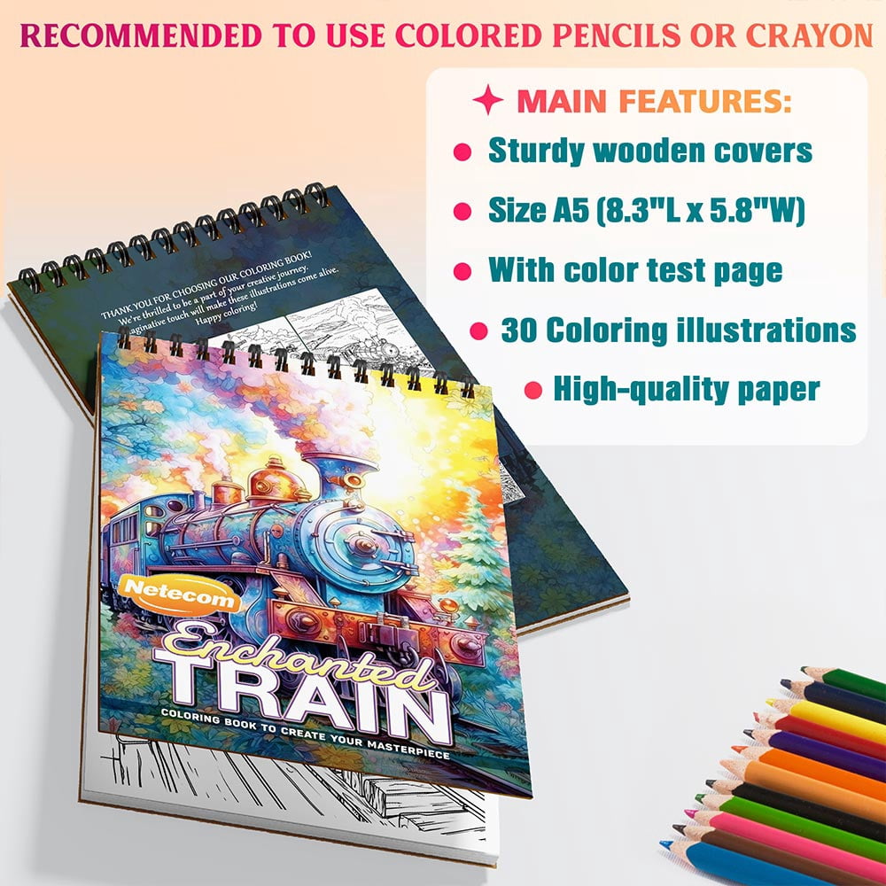 Netecom Train Coloring Book Spiral Bound for Adults and Toddlers, A5 Wooden Cover, 30 Whimsical Railway Coloring Pages of Scenic Journeys for Stress Relief and Relaxation