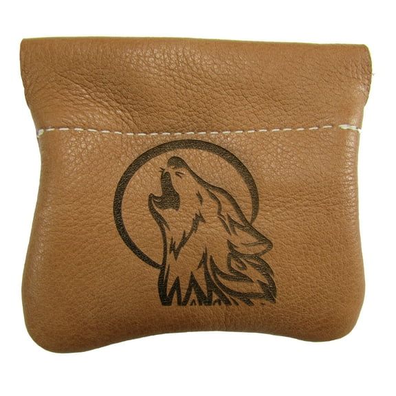 Leather Engraved Howling Wolf Squeeze Coin Pouch Change Purse USA Made, Tan