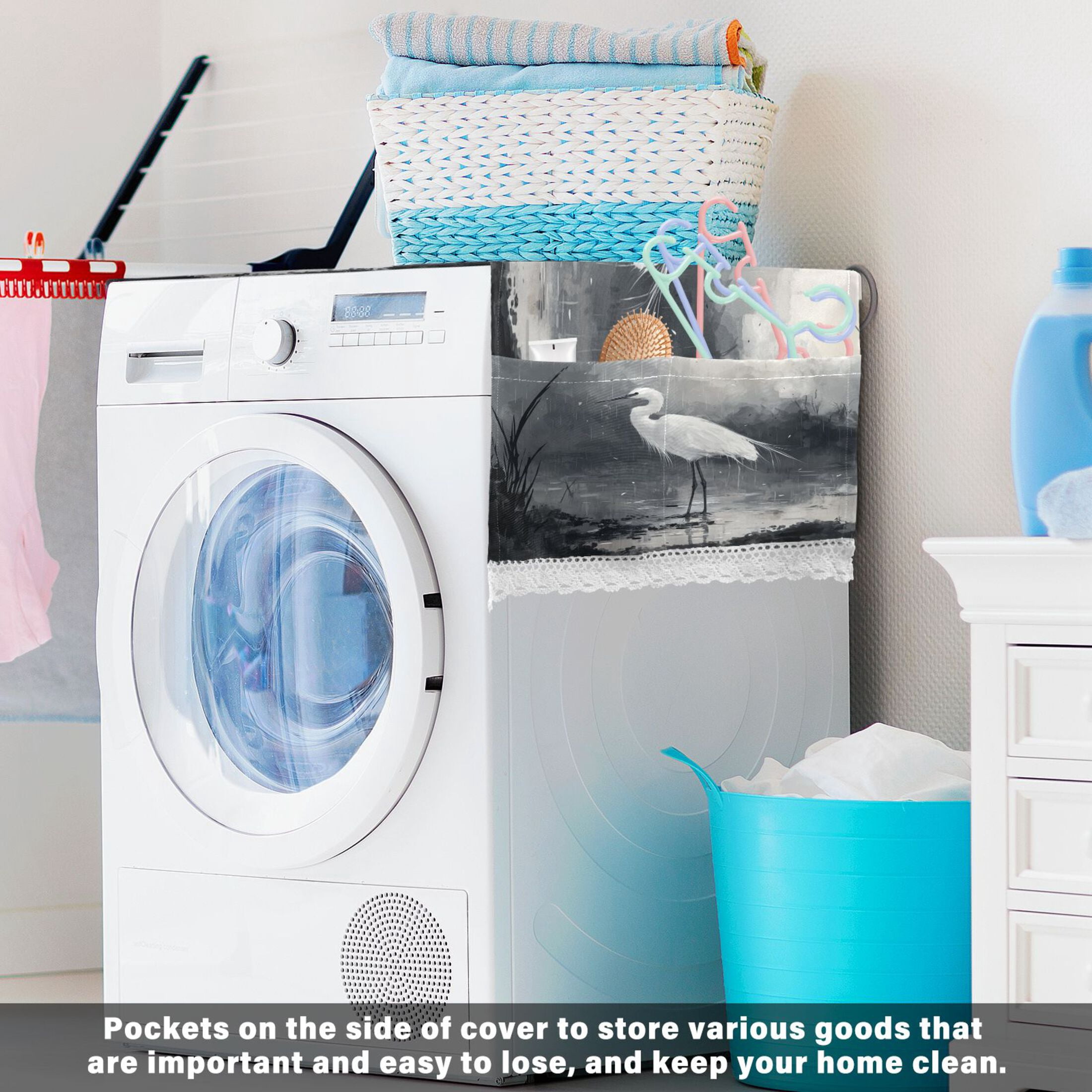 A White-cloaked BirdWasher and Dryer Covers Dust-Proof and Oil Resistant Fridge Cover with 4 Storage Pockets Washing Machine Top Cover for Laundry Kitchen Home 51.2 x 22 In