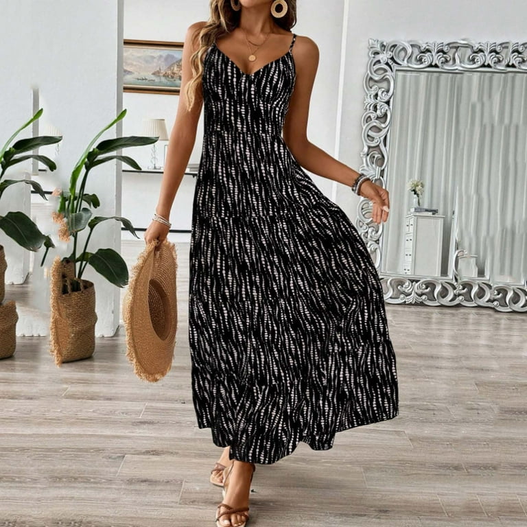 Dailytrove Women's Printed Maxi Dress-Spaghetti Strap-High-Waisted-Rayon-For Casual Weekend/Outdoor Picnic-Boho Printed Style, Size: DT-2XL