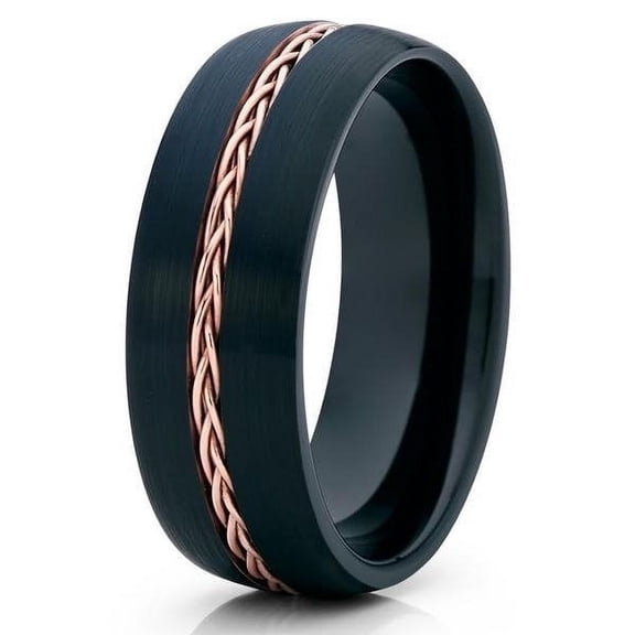 Black Tungsten Wedding Band - Rose Gold Tungsten Ring - Braid Ring - Brush