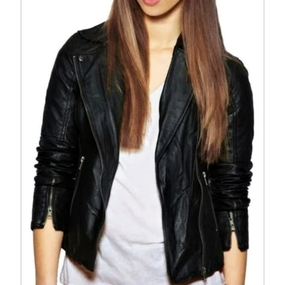 Noora Women's Notched collared black Motorcycle leather jacket ST0236