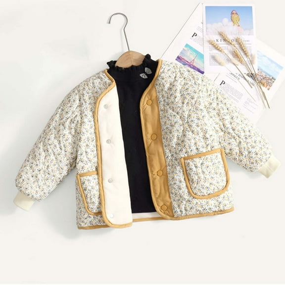 Cowsor Girls Ethnic Floral Printed Corduroy Jacket Kids Toddler Button Thicked Warm Coat