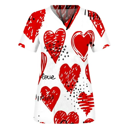 

XHJUN Scrub Tops Women Ceil Blue Couple Happy Valentines Day Nurse Shirt Couple V Neck Short Sleeve Workwear Cute Print White M