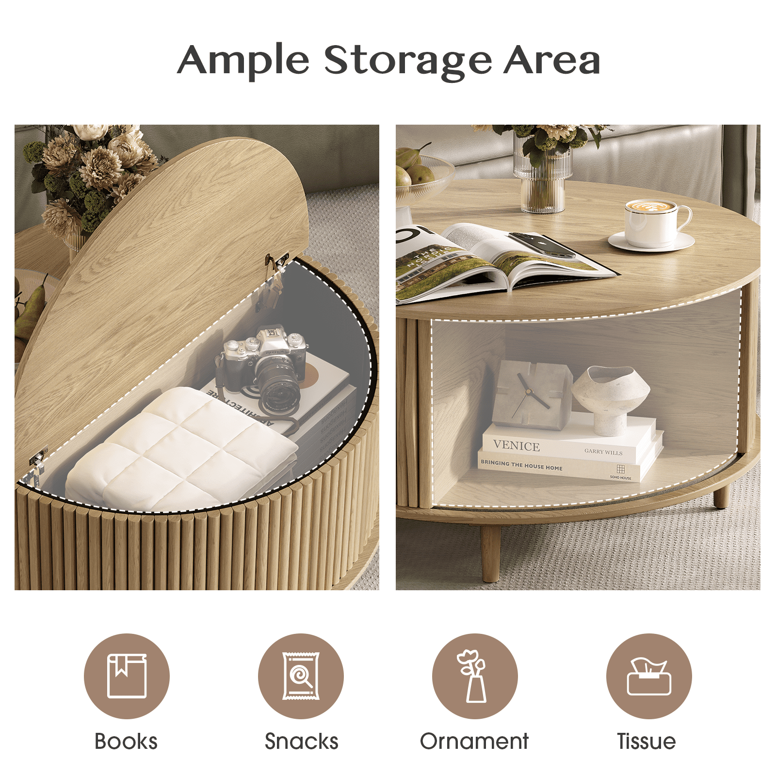JOINICE Round Coffee Table with Storage and Flip Top,Circle Fluted Center Table,for Living Room,Oak