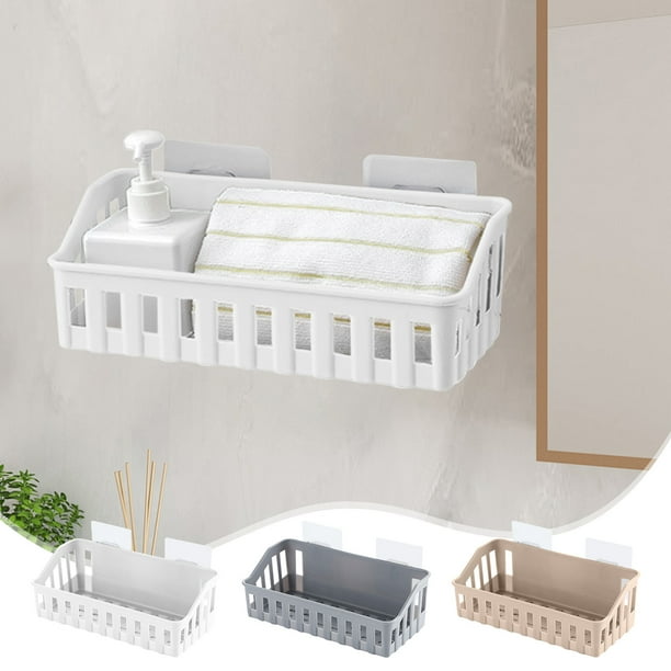 Organizador colgante de estanterías de ducha de baño | Cesta de almacenamiento de plástico sin taladro, diseño giratorio – Blanco, café, gris – 27x11x9cm | Soporte seguro para champú, estante para