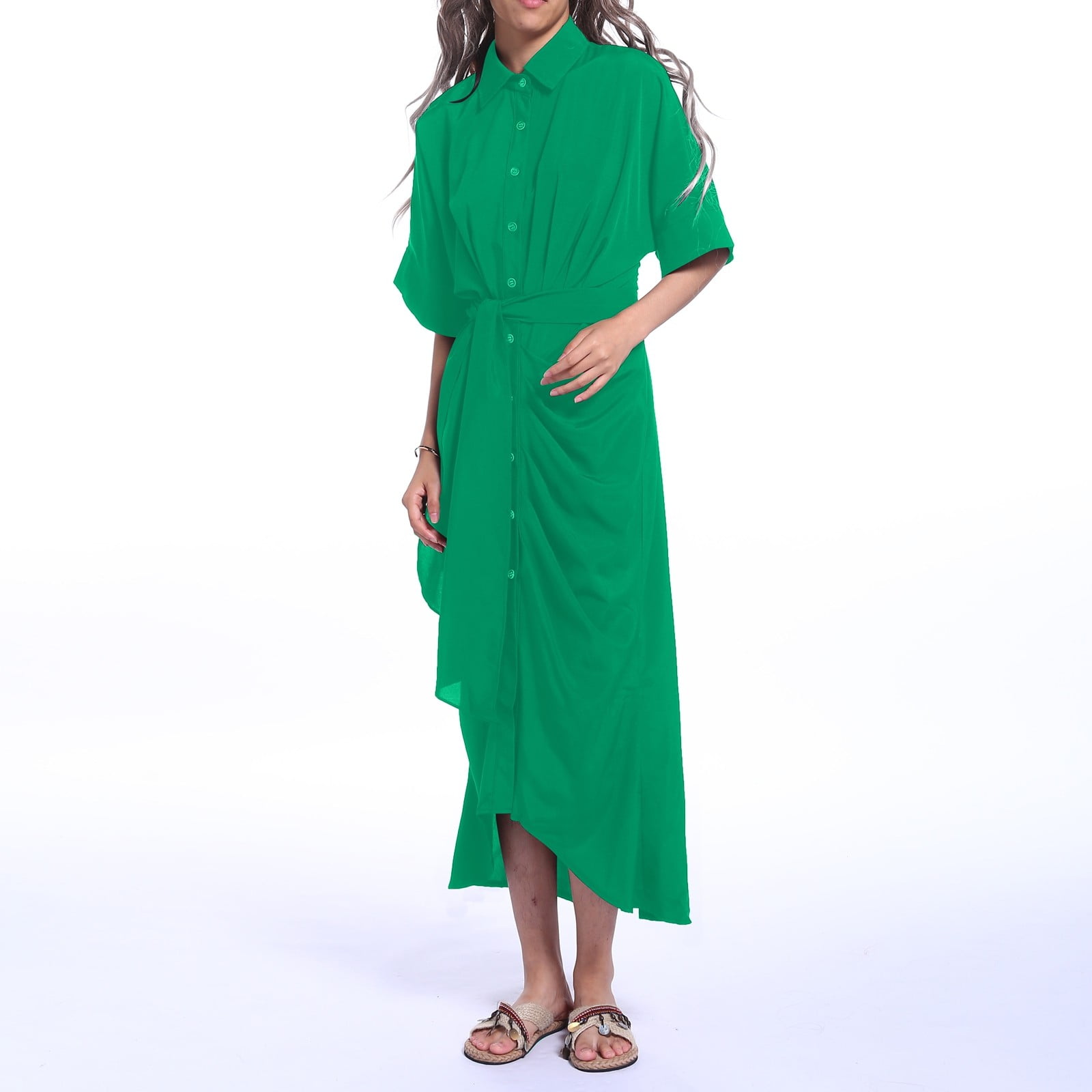 Women Summer Elegant Solid Color Short Sleeve Belted Shirt Dress