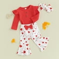 thumbnail image 2 of Bagilaanoe 3pcs Newborn Valentine's Day Outfits Baby Girl Pants Set Long Sleeve Romper Tops + Heart Print Flared Trousers + Headband 3M 6M 12M 18M Infant Casual Clothes, 2 of 8
