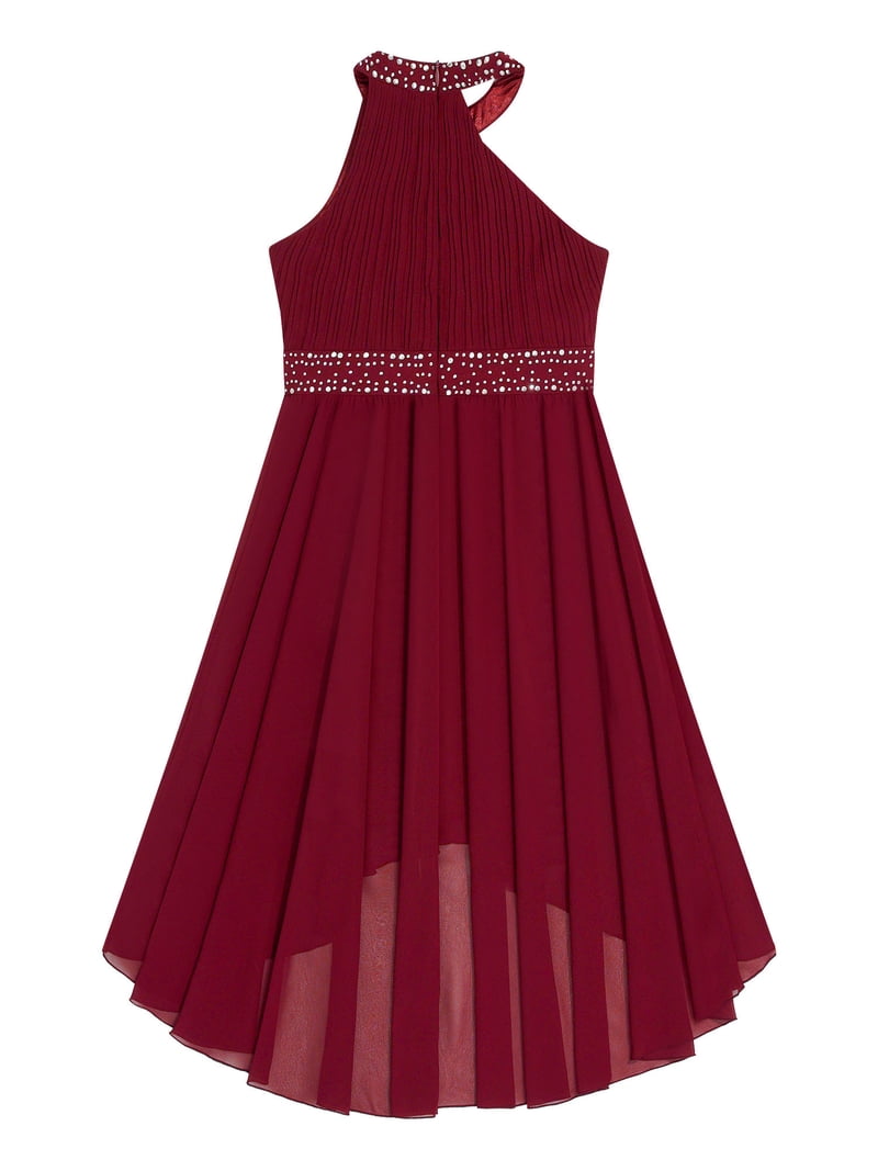 YiZYiF Girls Shiny Rhinestone Party Dress Sleeveless Ruched Bodice High-Low  Dress for Wedding Birthday Party Burgundy 8 - Walmart.com