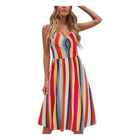 

Women s V Neck Floral Spaghetti Strap Summer Casual Swing Dress with Pocket