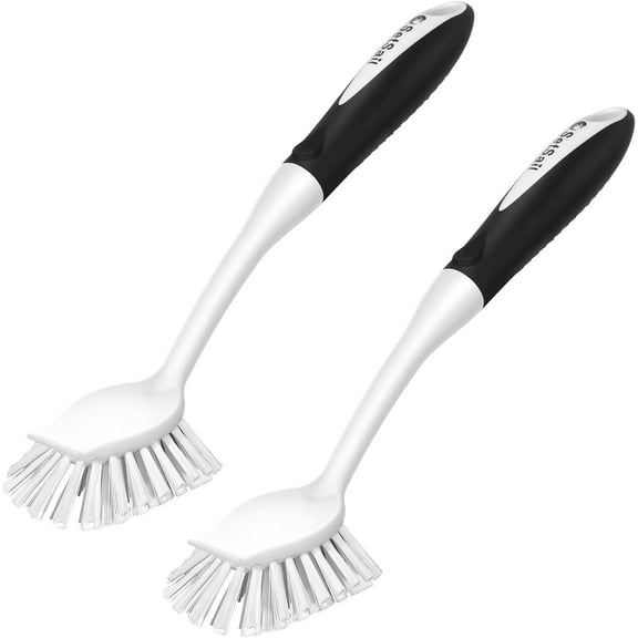 Dish Brush with Handle, 2 Pack Stiff Bristles Dish Scrubber with Built-in Scraper Dish Scrub Brushes for Cleaning Dishes, Pots and Pans, Kitchen Sink, White