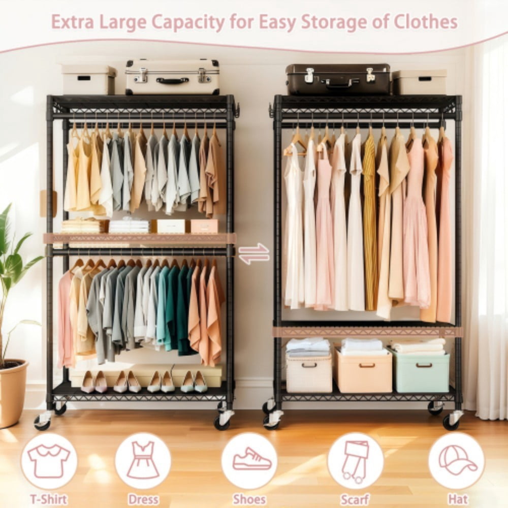 Rolling Clothes Rack, Heavy Duty Garment Rack with Wheels, 3-Tier Adjustable Wire Shelving, 2 Clothes Rails & Side Hooks, Portable Closet Organizer, Black