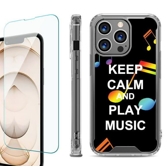 Shockproof Bumper Phone Case for iPhone 13 Pro Max, with Tempered Glass Screen Protector, by OneToughShield ® - Keep Calm Music