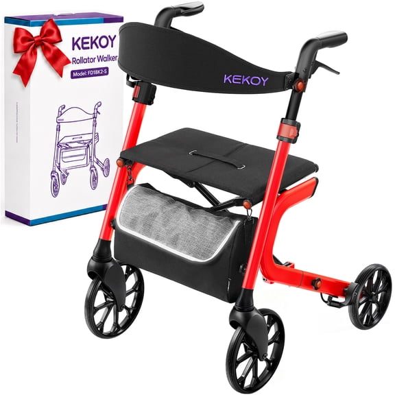 KEKOY Rollator Walker with Seat for Seniors, Walkers for Seniors with Seat, 400 lbs, K-Frame Reinforced, Hidden Brake Cables, 10" TPR All-Terrain Wheels, 8-Level Adjustable Height, Foldable, Red
