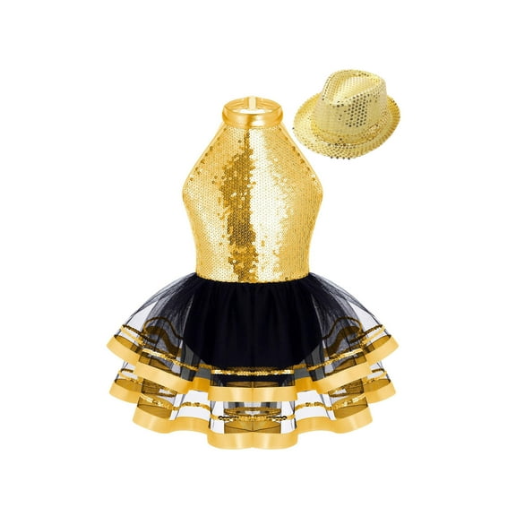 Miutii Kids Girls Modern Jazz Latin Tap Dance Clothes Shiny Sequins Halter Ballet Tutu Dress with Hat Set Gold 8