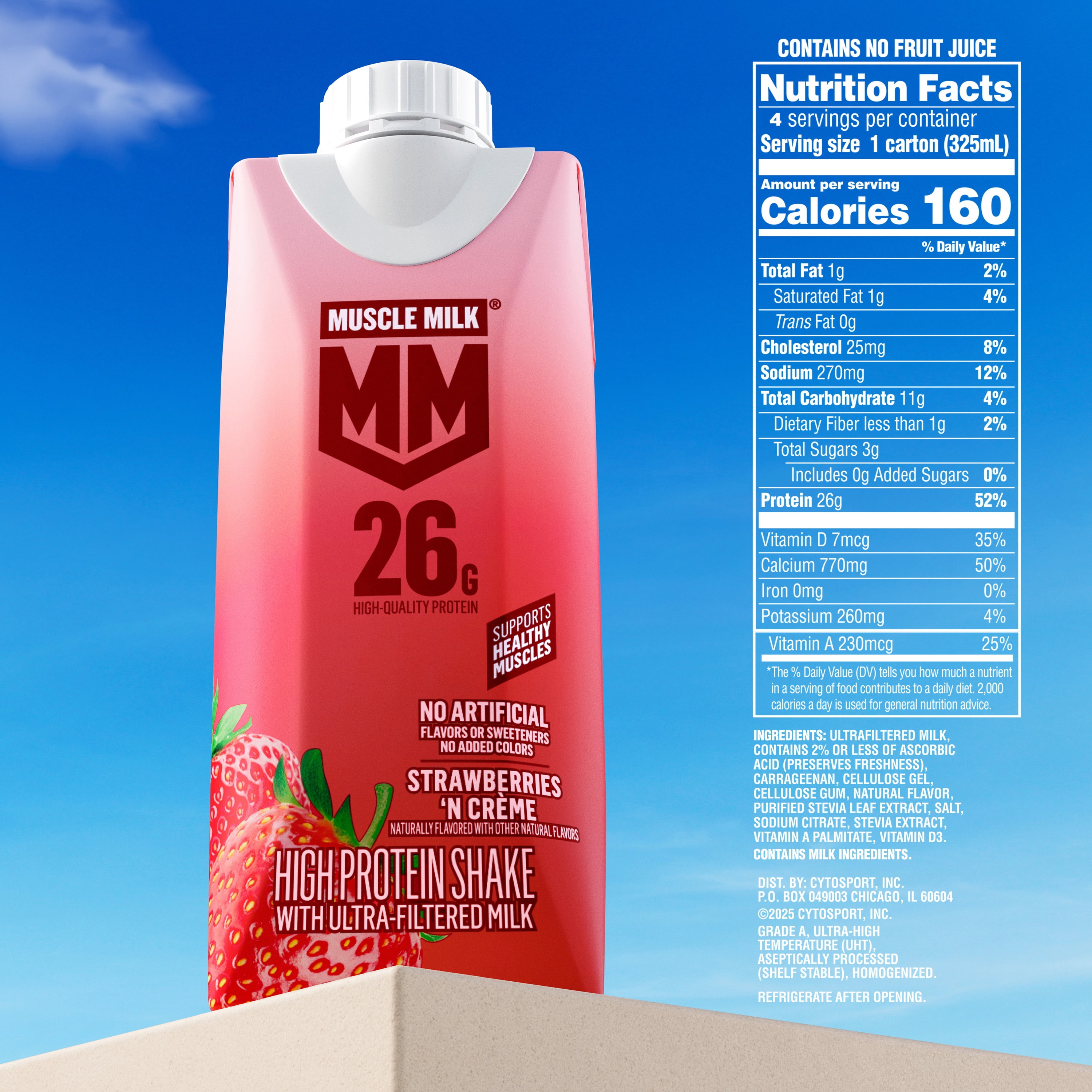 Muscle Milk 26g High Protein Shake, Strawberries N' Creme, Ultra- Filtered Milk  11 fl oz, 4 pack