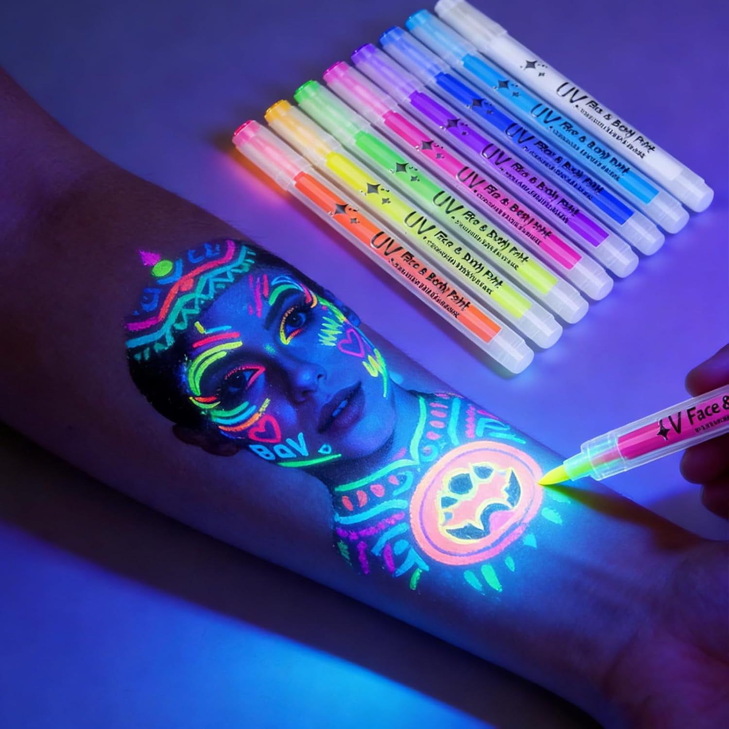 Uv Neon Face Paint Markers 12 Colors, Glow Face And Body Paint Markers Set, Face And Body Paint Markers Set, Body Paint Under Black Light for Temporary Tattoo (12 colors)