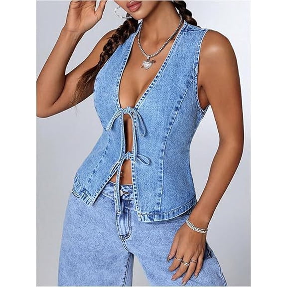 Women's Slim Fit Short Denim Vest with V-Neck and Tie Front - Soft Washed Cotton, Spring and Summer Casual
