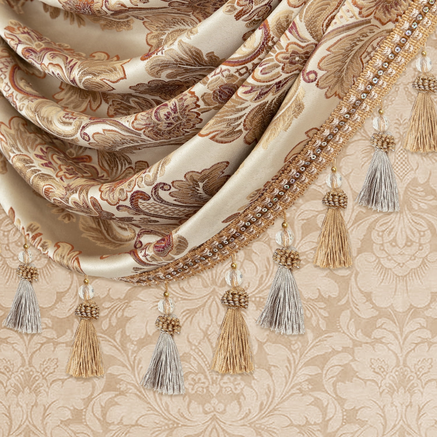 VOGOL Beige Damask Valance, Beaded Tassels Swag Curtains 138x43 Inches for Villa Windows