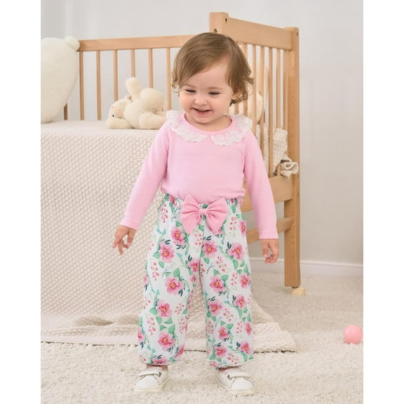 WESIDOM Baby Girl Clothes 0-24M Newborn Girls Outfits Lace Romper Floral Pants Cute Bow Hat Infant Babys 3Pcs Set