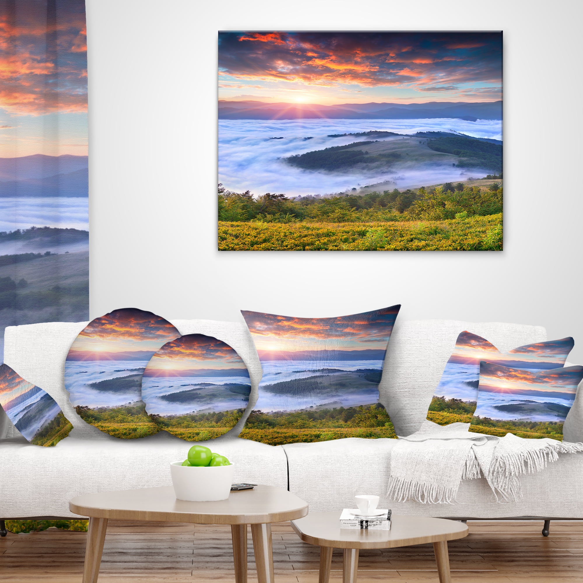Designart Colorful Sunrise Over Foggy Waters - Landscape Photography Throw Pillow - 16x16