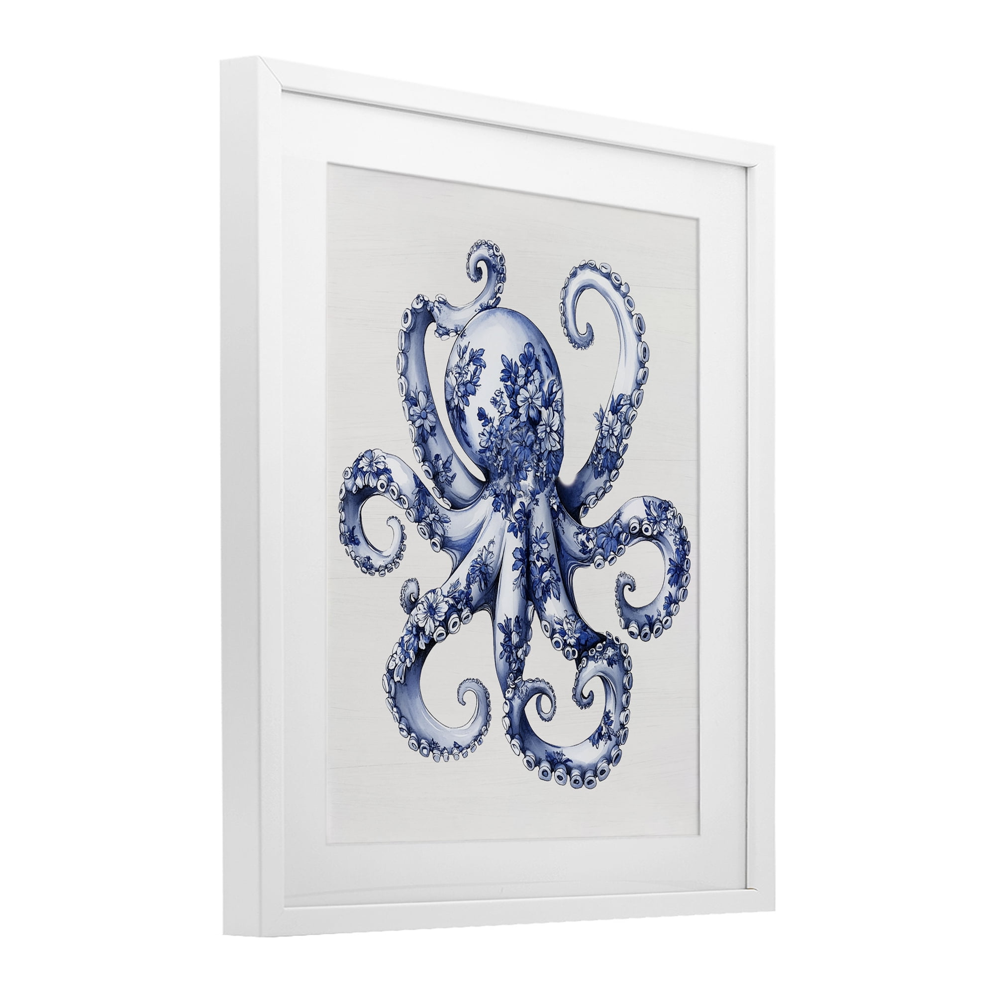 Funky Toile Octopus White Framed Print Under Glass, design by Lettered and Lined