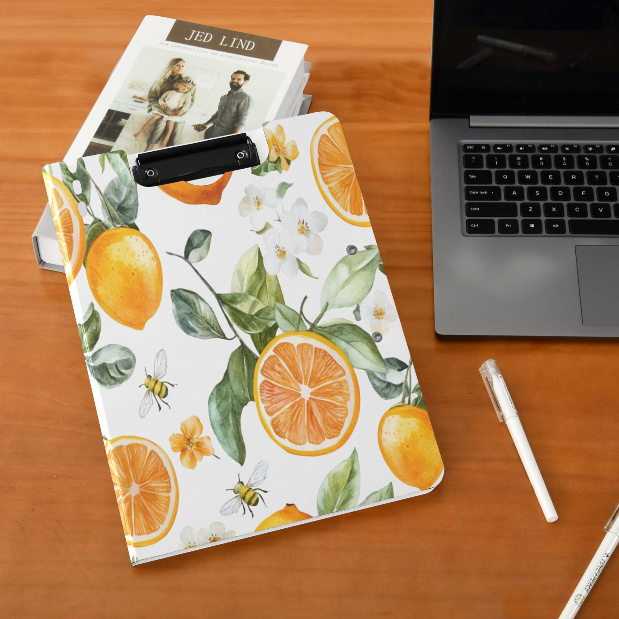 FORMRS A4 Clipboard Folder with Pen Holder Horizontal Foldable School Office Binder, Orange Watercolor Bees