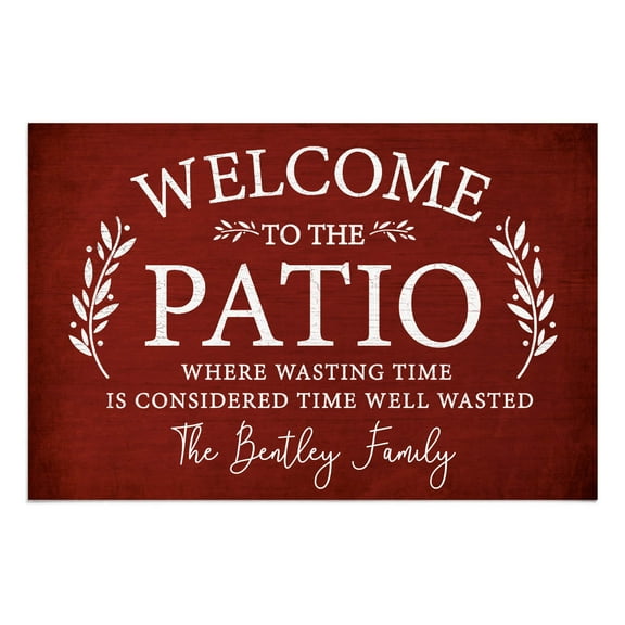 Personalized Planet 27x18 Welcome To The Patio Where Wasting Time is Considered Time Well Wasted Doormat with Custom Name Printed on Red Rectangular 1/8” Thick Non Slip Mat