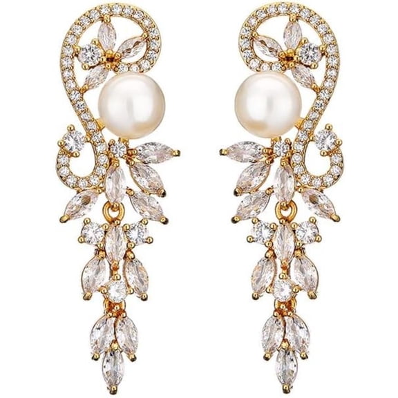 Women's Gold Moissanite Pearl Drop Earrings,Freshwater Cultured Pearl Floral Style Long Dangle Earrings,Fashion Jewelry Gift for Mom,Girlfriend,Wife